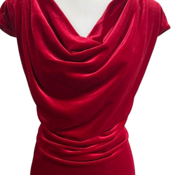 Midnight Velvet Burgundy Cowl Neckline Midi Holiday Event Velvet Dress -… - Picture 7 of 16